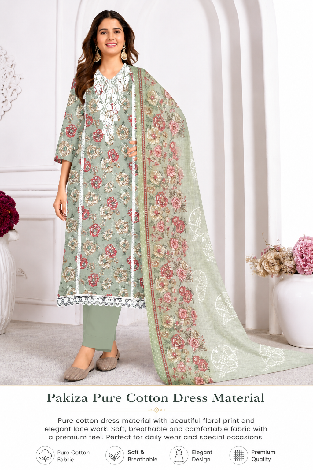 Pakiza Pure Cotton Floral Print Dress Material | Premium Unstitched Suit Set